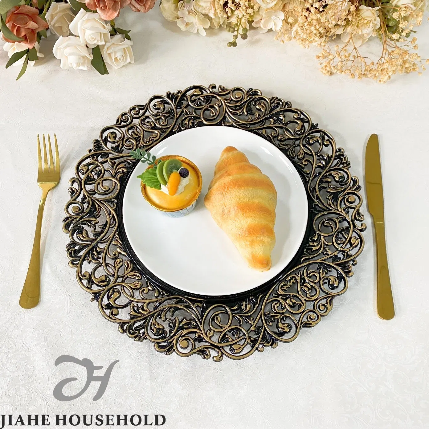 Gift Gold Beaded Wedding Event Party Home Decor Plastic Charger Plate