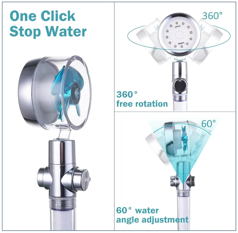 High Efficiency Rotating Shower Head for Water Conservation