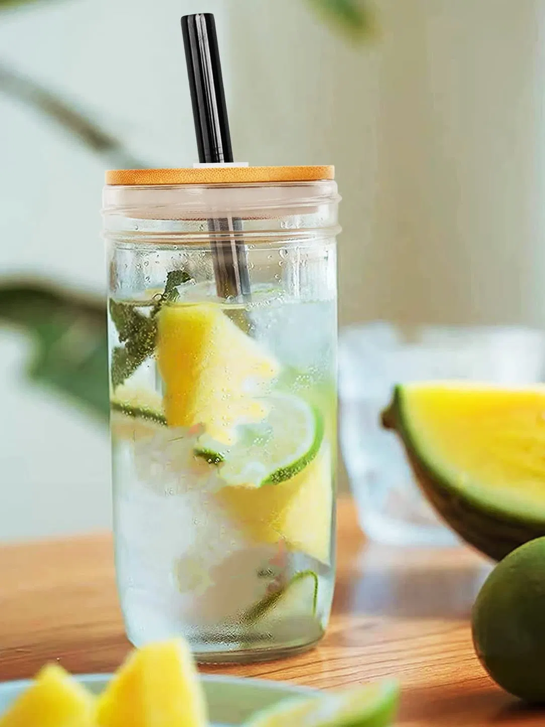 Jar Cups with Bamboo Lids Stainless Steel Straws Regular Mouth Mason Jars