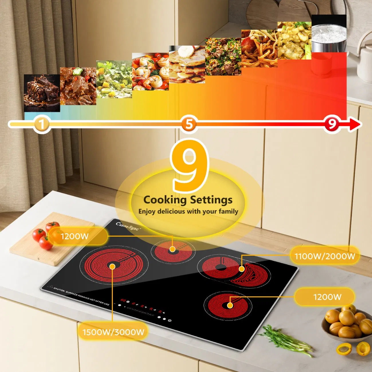 Built-in Electric Stove Top 4 Burners with 9 Power Levels with Slider Control
