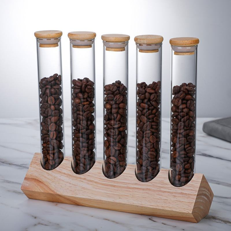 Best Selling Single Dose Food Storage Tubes Wholesale Wooden Display Stand Reusable Glass Storage Shelf