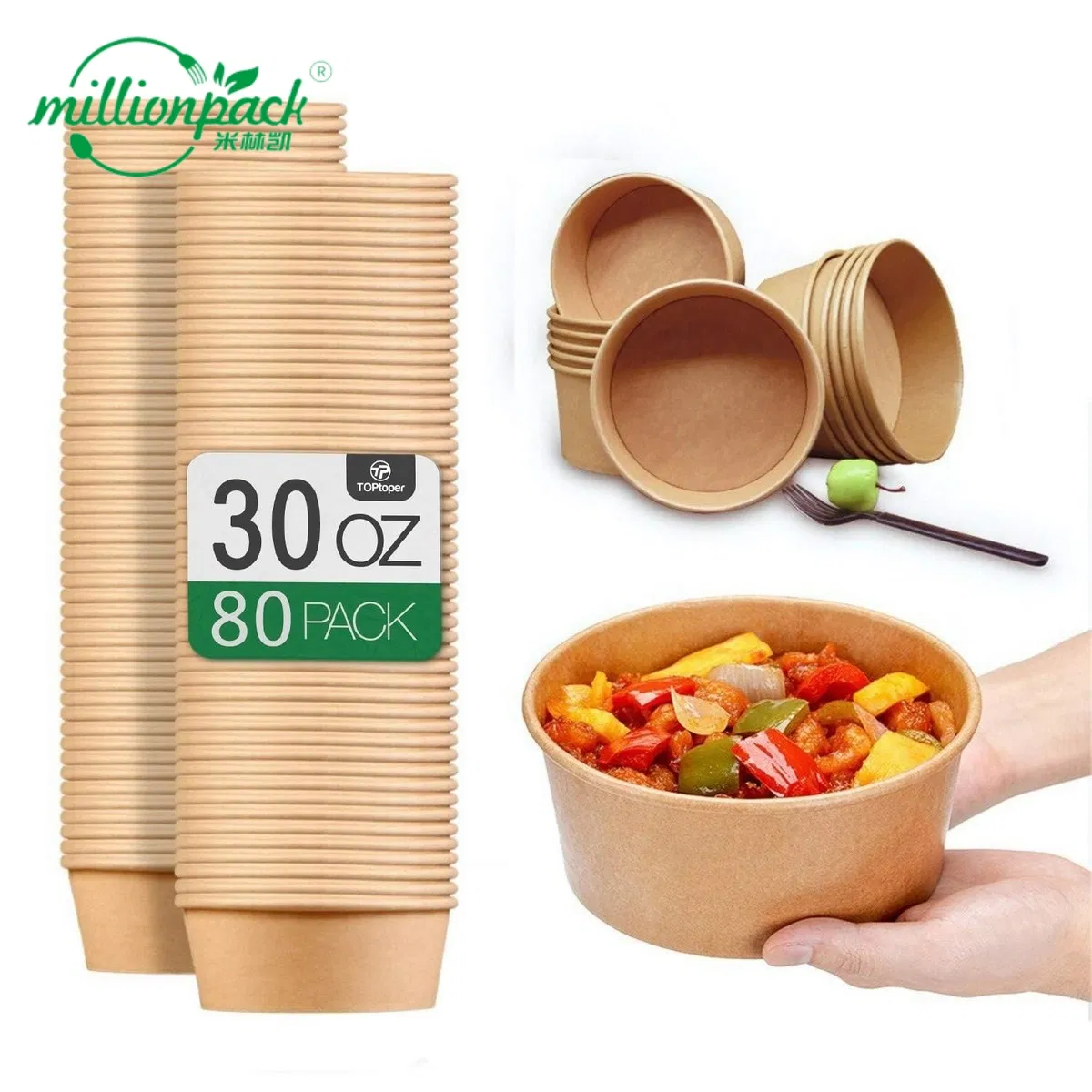 Custom Printed Kraft Salad Bowl Compostable Disposable Food Container with Lid for Restaurant