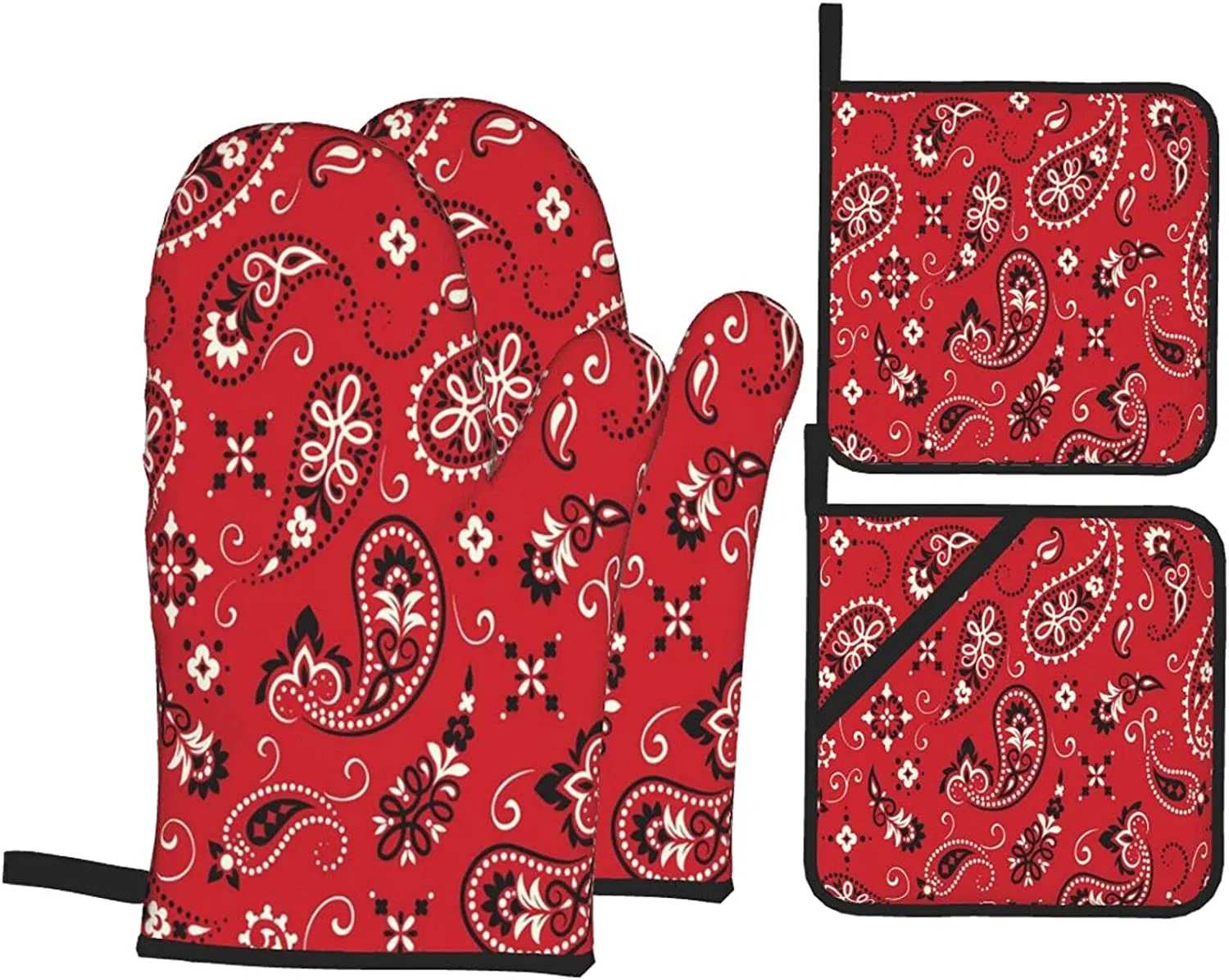 Set of 4 Red Paisley Oven Mitts and Insulation Pads, Soft Cotton Lining, Non-Slip Surface