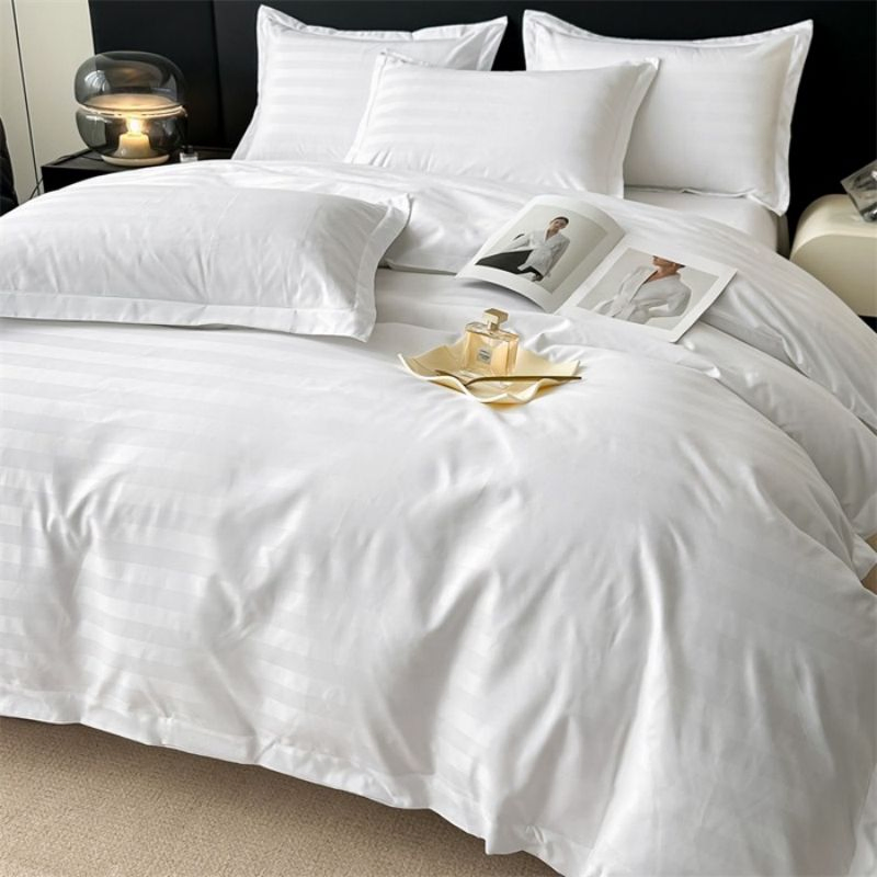 White 3cm Satin Stripe Quilt Duvet Cover Wholesale Soft Smooth Comfortable Flat Sheet ODM/OEM 300tc 100% Cotton Sateen Hotel Bed Sheets Bedding Set Wholesale
