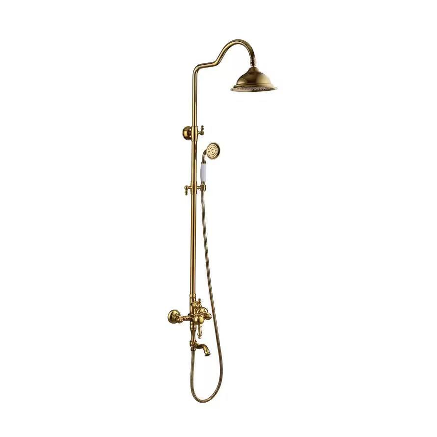 a Complete Shower System in The Bathroom, with Antique Brass Shower Faucets