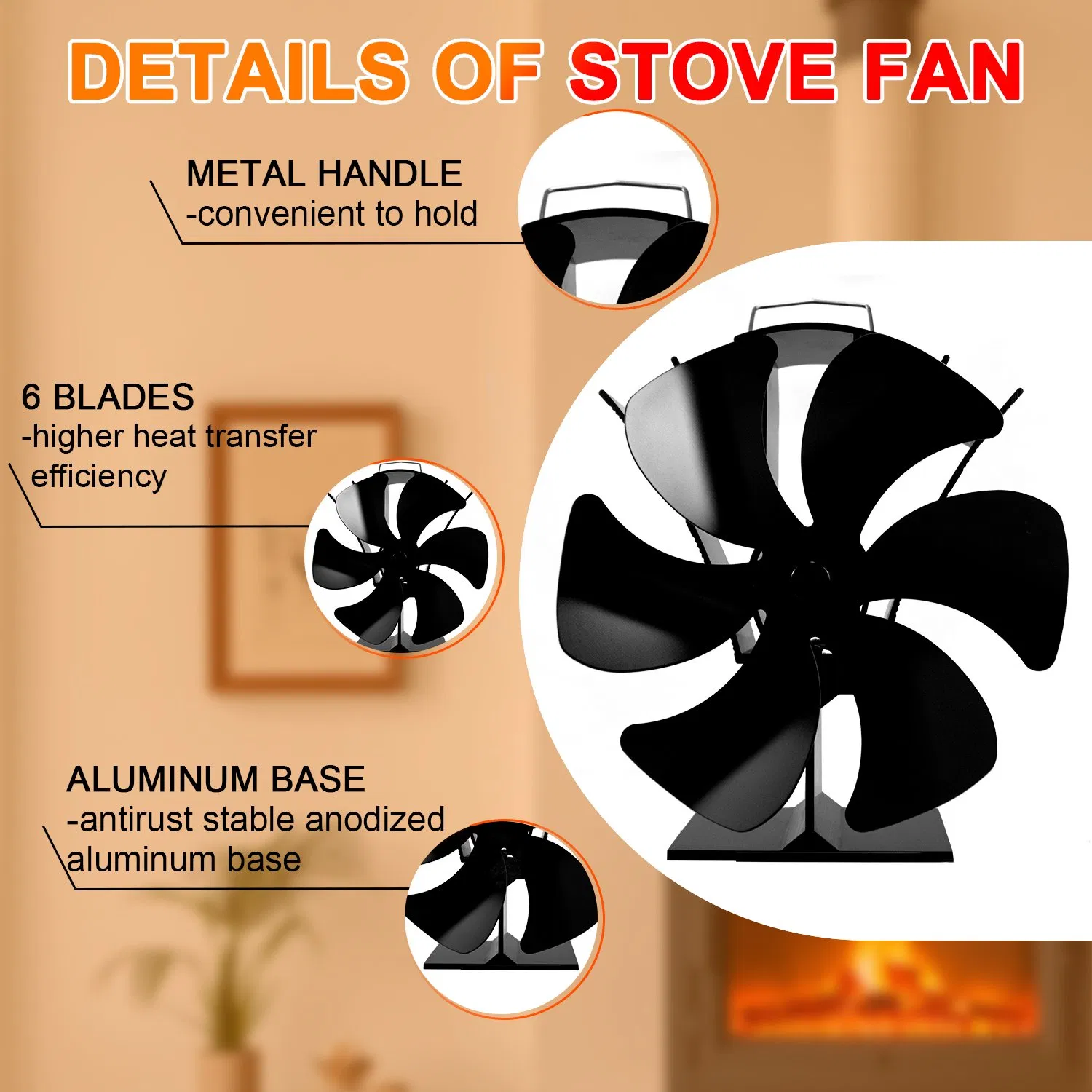 Classic 6 Blades Fireplace Fan Wood Stove Top Fan