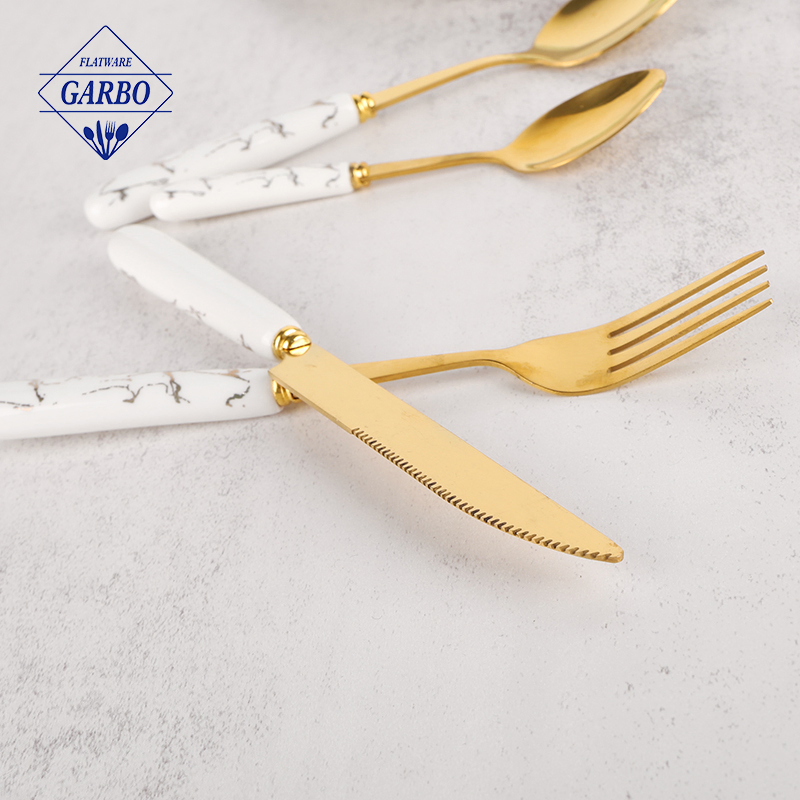 Hand Polished Golden Electroplating Stainless-Steel Dinner Fork with Ceramic Handle