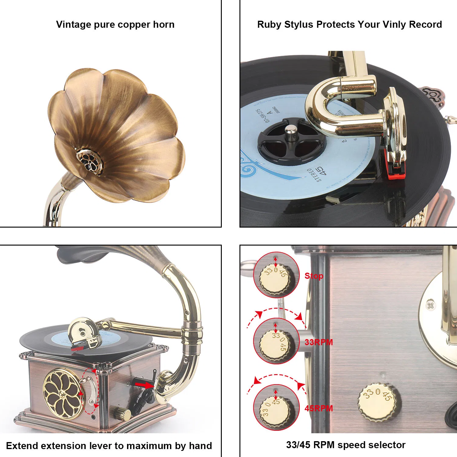 Ретро граммофон с медным рупором, 2 скорости