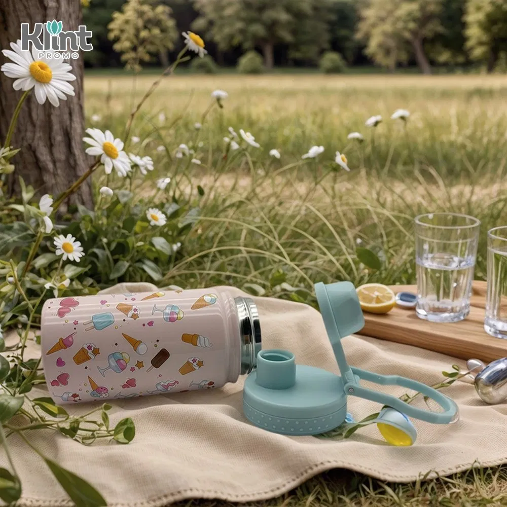 Термос 350 мл с 3D цветами и винтовой крышкой