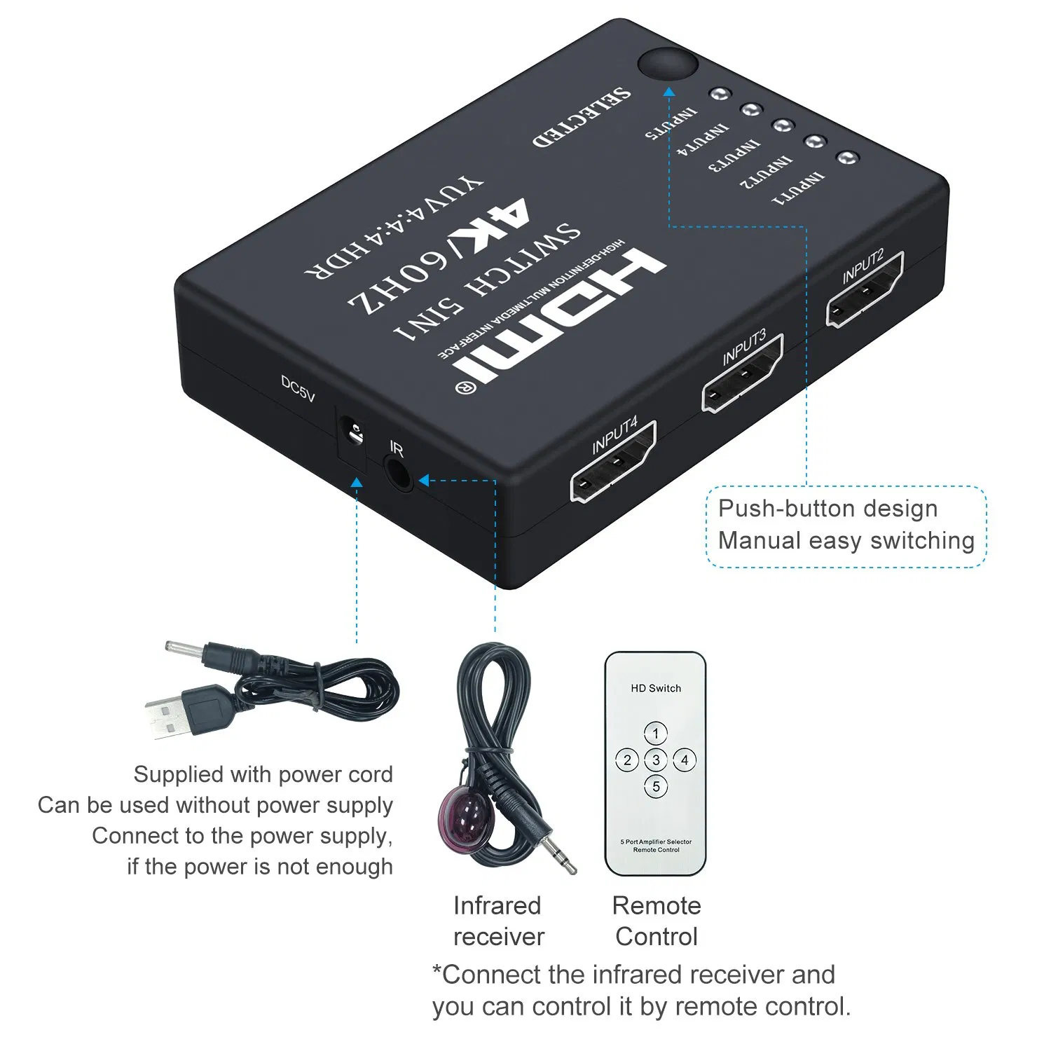 Коммутатор HDMI 5x1 4K 60Гц с пультом