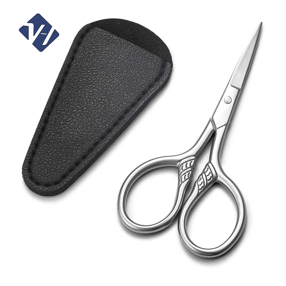 Small Precision Scissors, 3.5 Inch Stainless Steel Multi-Purpose Vintage Beauty Grooming Kit for Facial Hair, Eyebrow, Eyelash, Beard, Moustache with PU Sheath