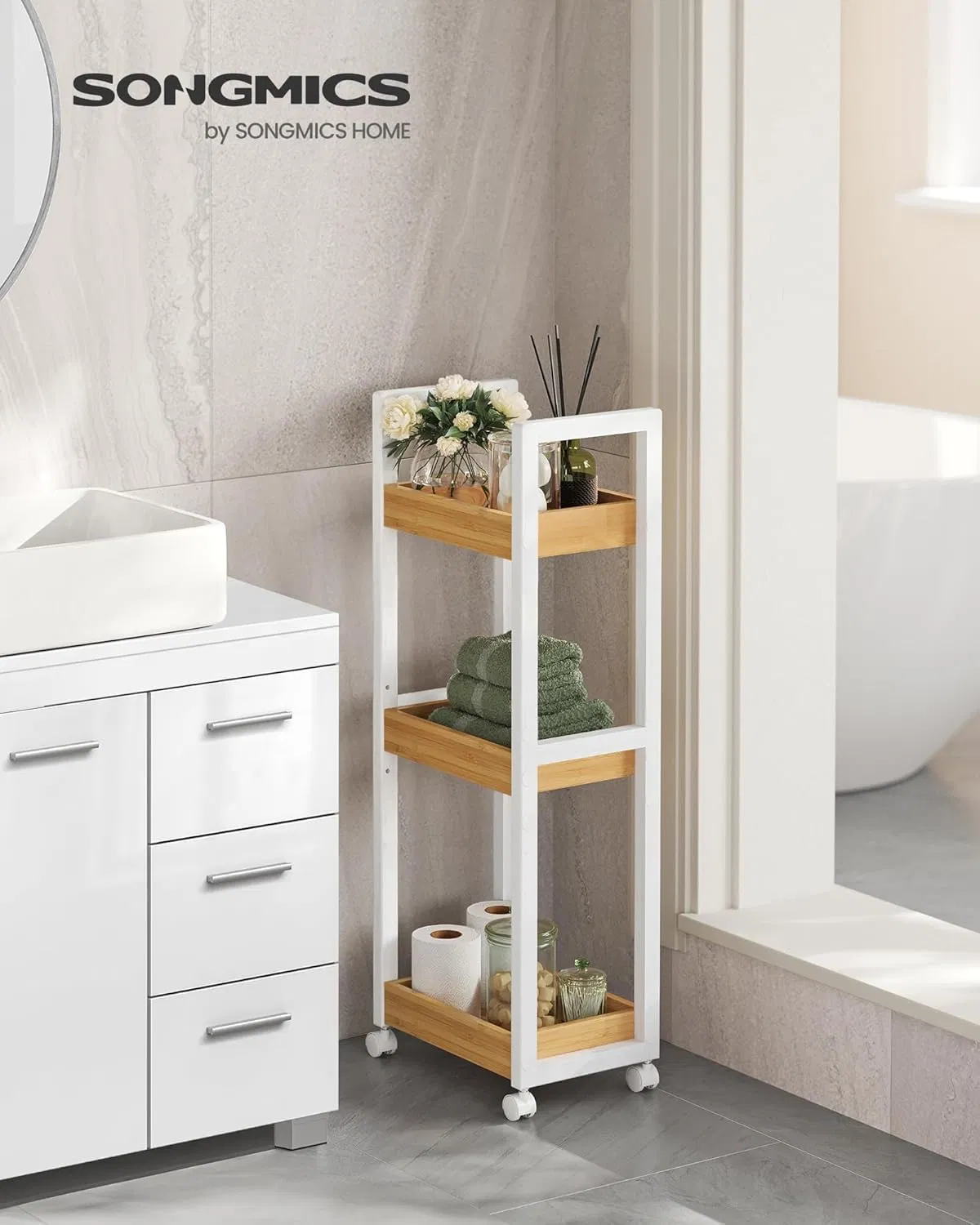 Bamboo Living Room, Bedroom, Kitchen, Bathroom, Third Floor with Swivel Wheel Bamboo Storage Rack