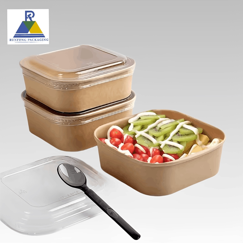 Salad Paper Bowl with Square Shape Customized Logo with Transparent Lid