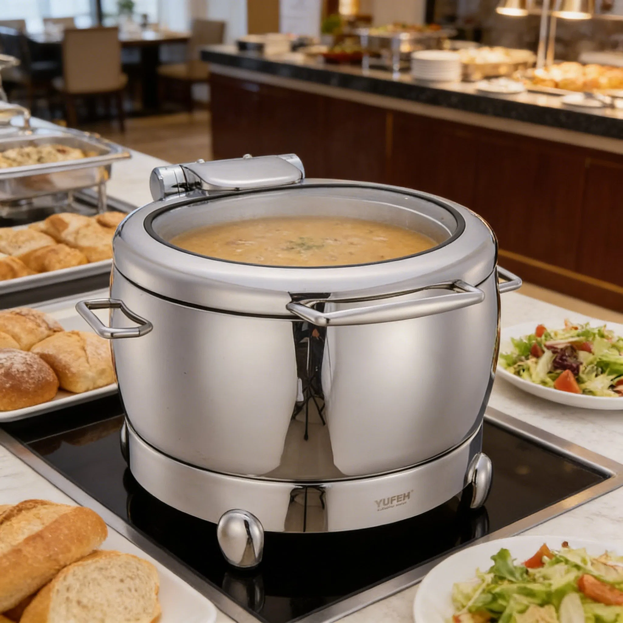 Yufeh Commercial Stainless Steel 10L Chafing Dishes Buffet Soup Food Warmer with Hydrauli Glass Lid Food Warmer Display