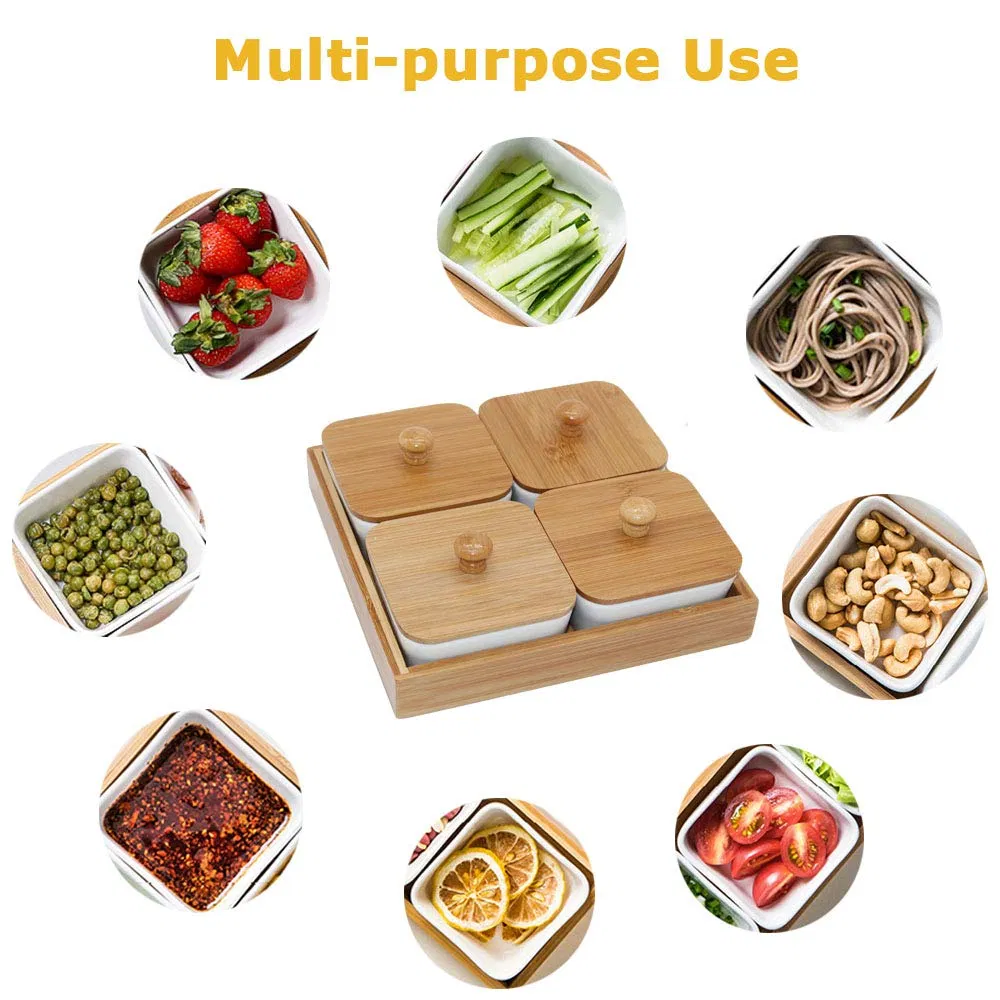 Ceramic Snacks DIP Bowls Relish Tray for Entertaining Ceramic Divided Serving Dishes with Lids Bamboo Porcelain Divided Platter