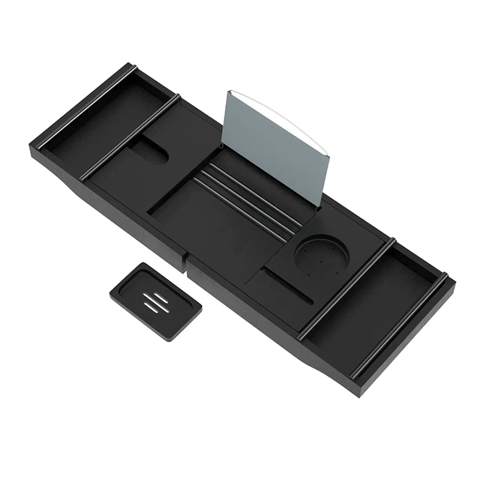 Adjustable Bathroom Organizer for Luxury Bath, Book Stand with Extending Sides & Wine Holder, Free Soap Holder, Black