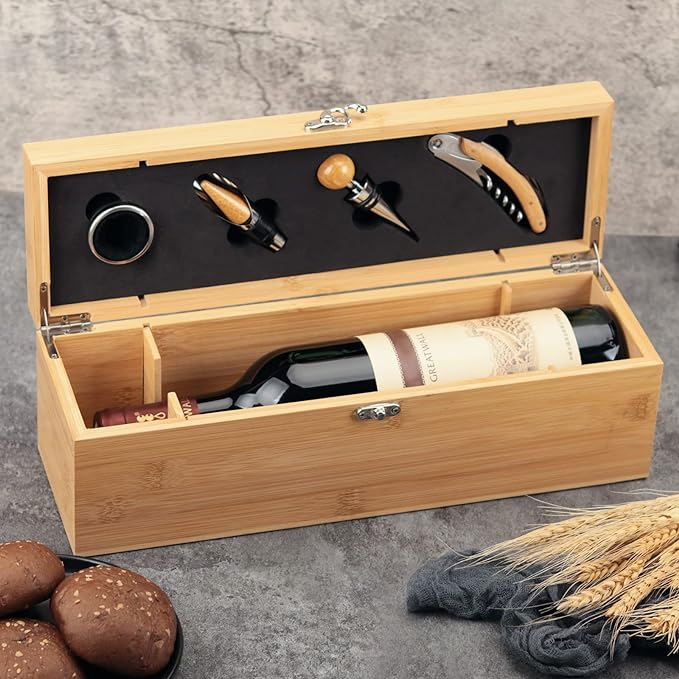 Wood Wine Bottle Opener Box Stainless Steel Waiter-Style Corkscrew Opener Kit Bamboo Wine Case with Tools Set