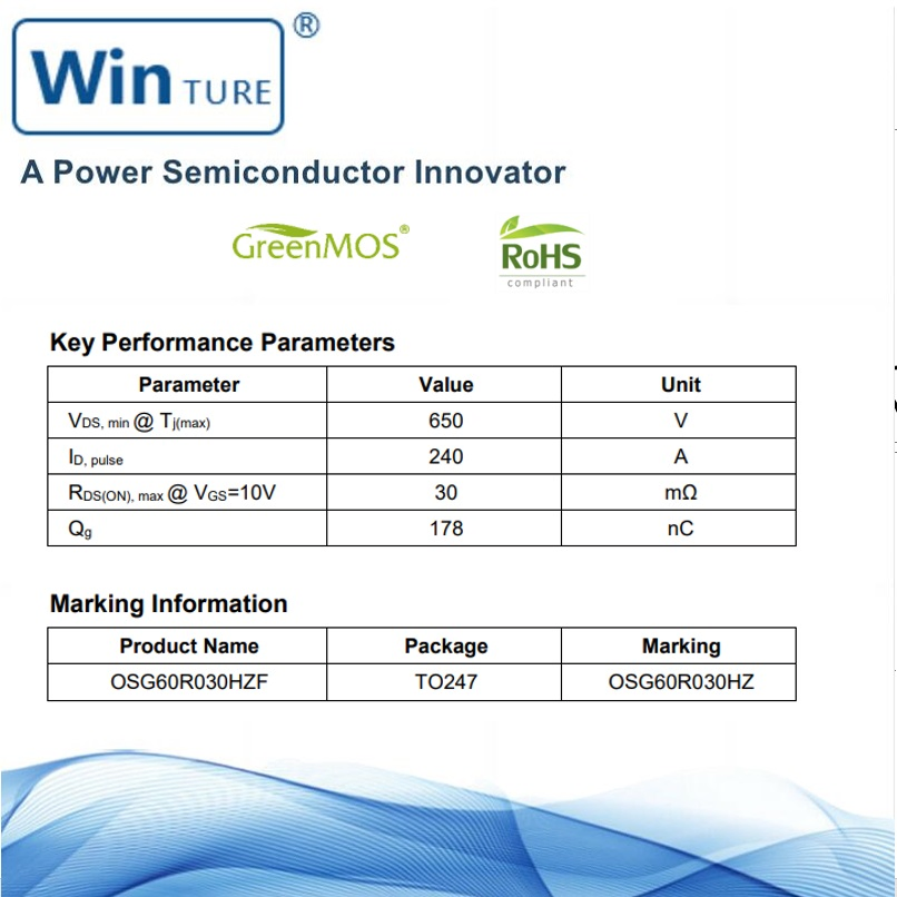 MOSFET OSG65R038HZAF TO247, 650V, 38мОм