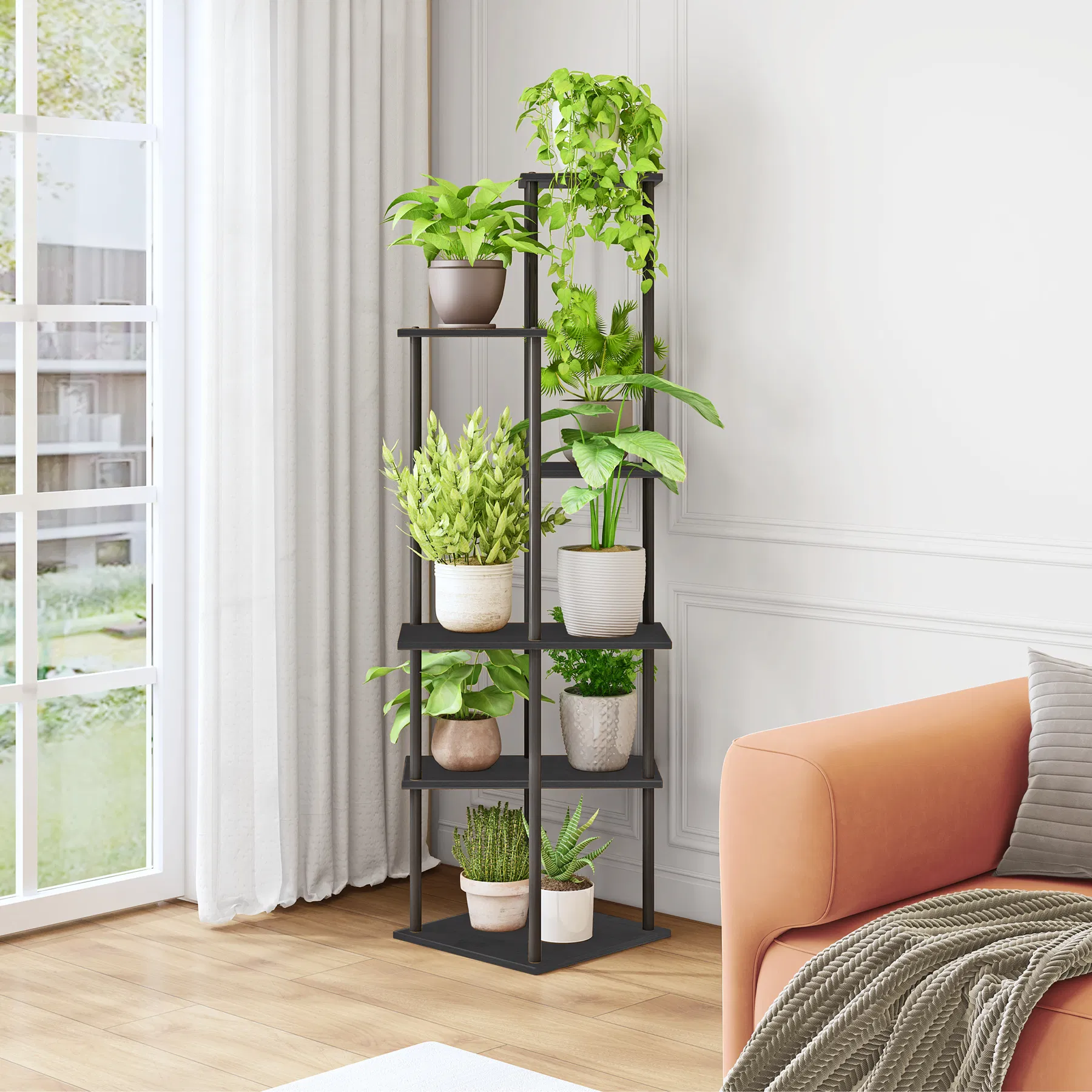 Elegant 6-Tier Black Steel Wood Corner Plant Shelf for Indoor Use
