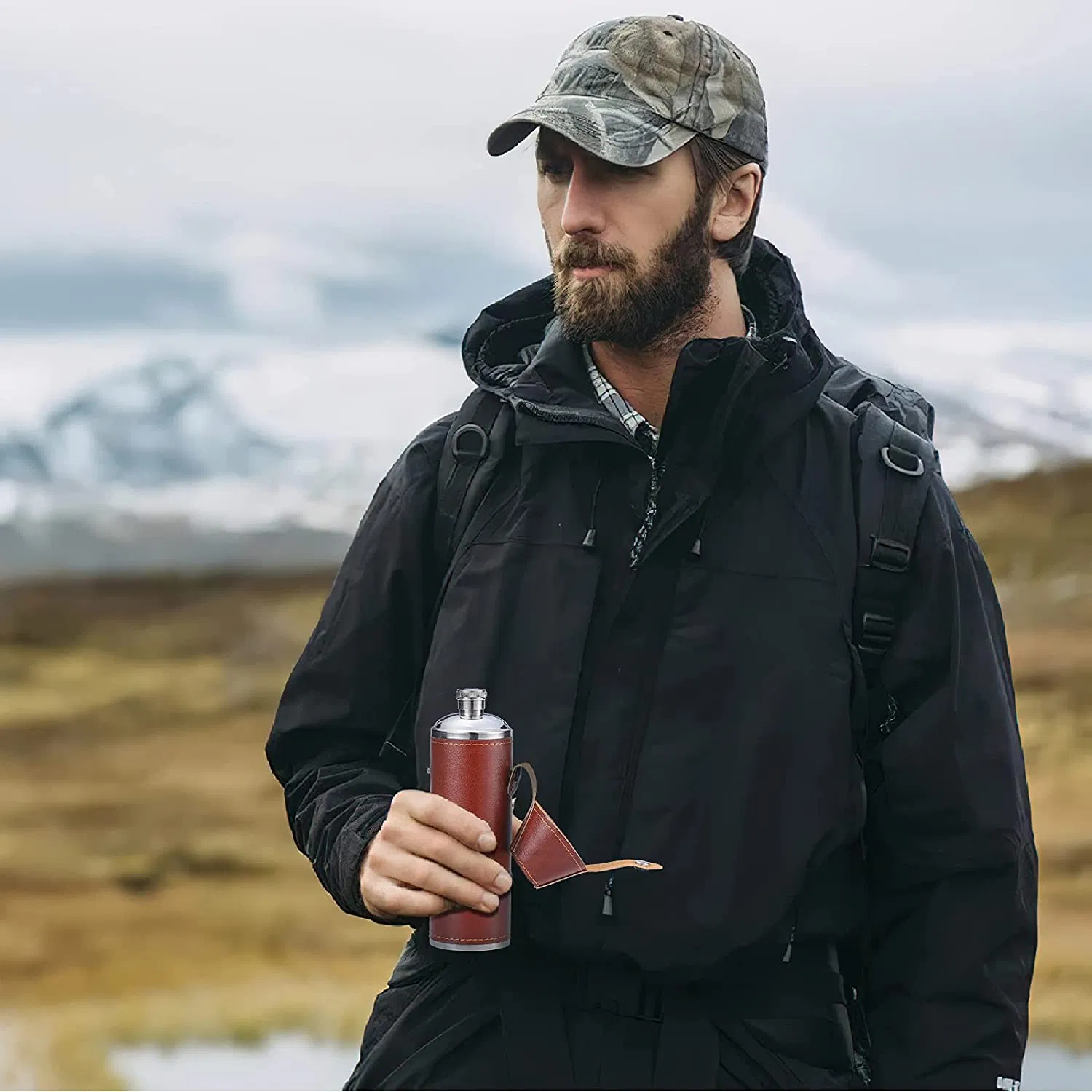 10 Oz Brown PU Leather Bucket Stainless Steel Leak Proof Hip Flask for Aberfeldy with Funnel and Cups