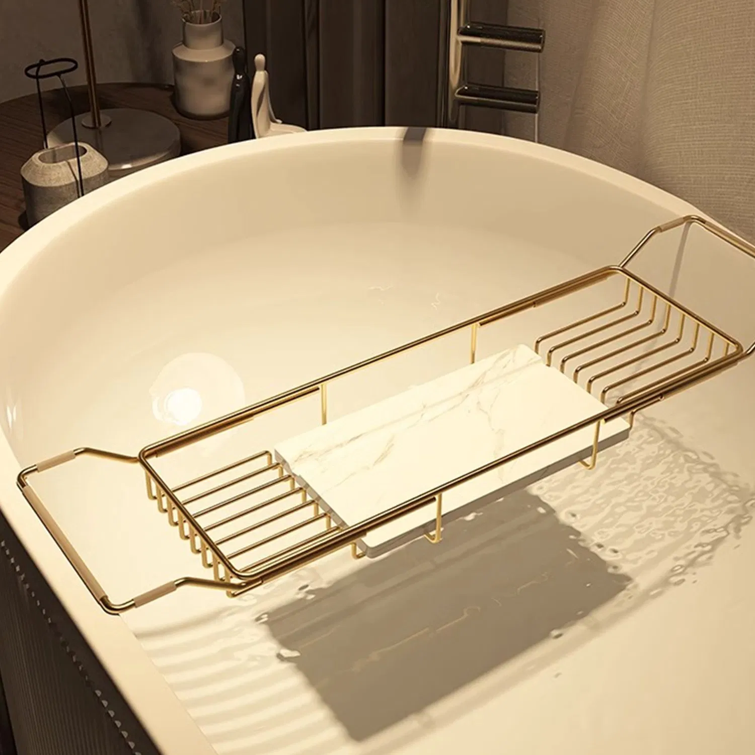 Gold Bathroom Accessories Bathtub Caddy Tray with Holder