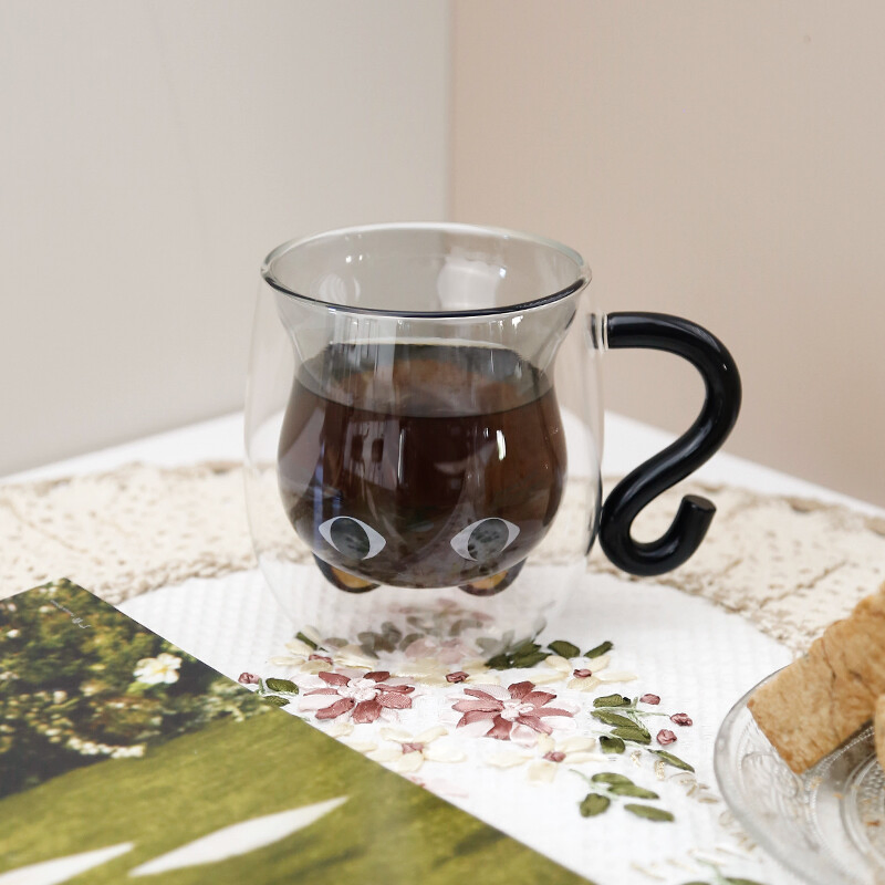 Cat Double Cute Borosilicate Glass Grey Inner Wall Drinking Cup with Color Handle
