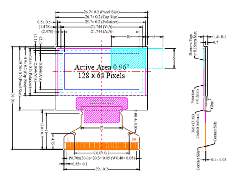 OLED дисплей 0.96 дюйма, монохромный синий, 128x64