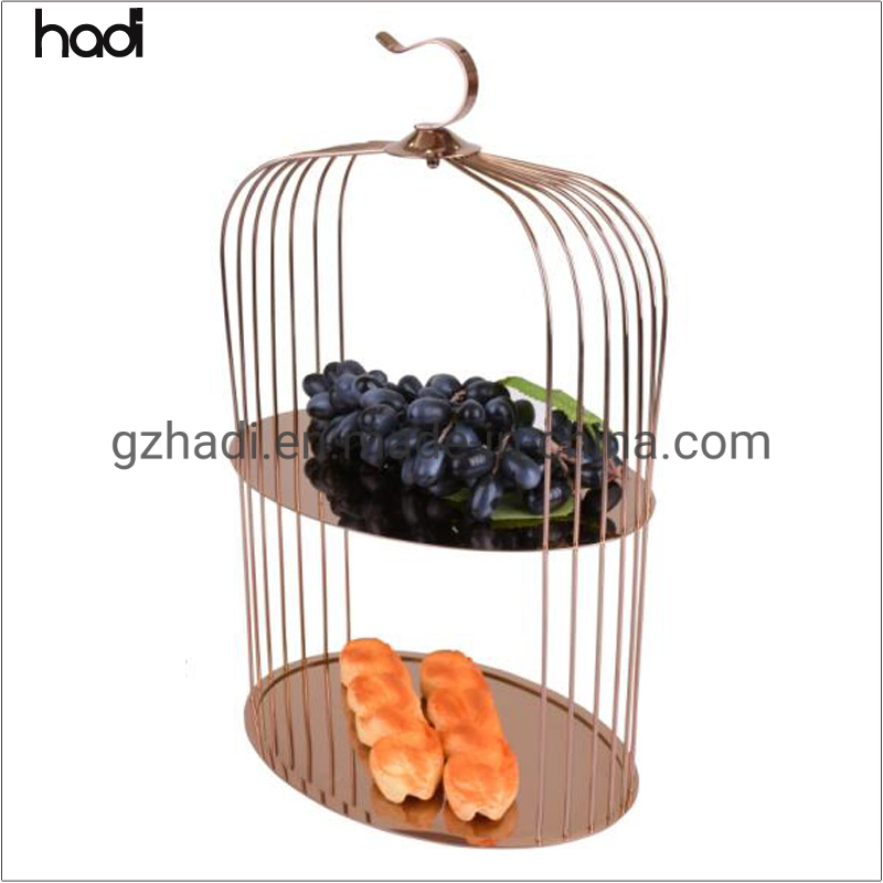 Party Decorative Wedding Buffet Tableware Pink Rose Gold Color Bird Cage Display Buffet Fancy 3 Tier Stainless Steel Bird Cage Afternoon Tea with Stand