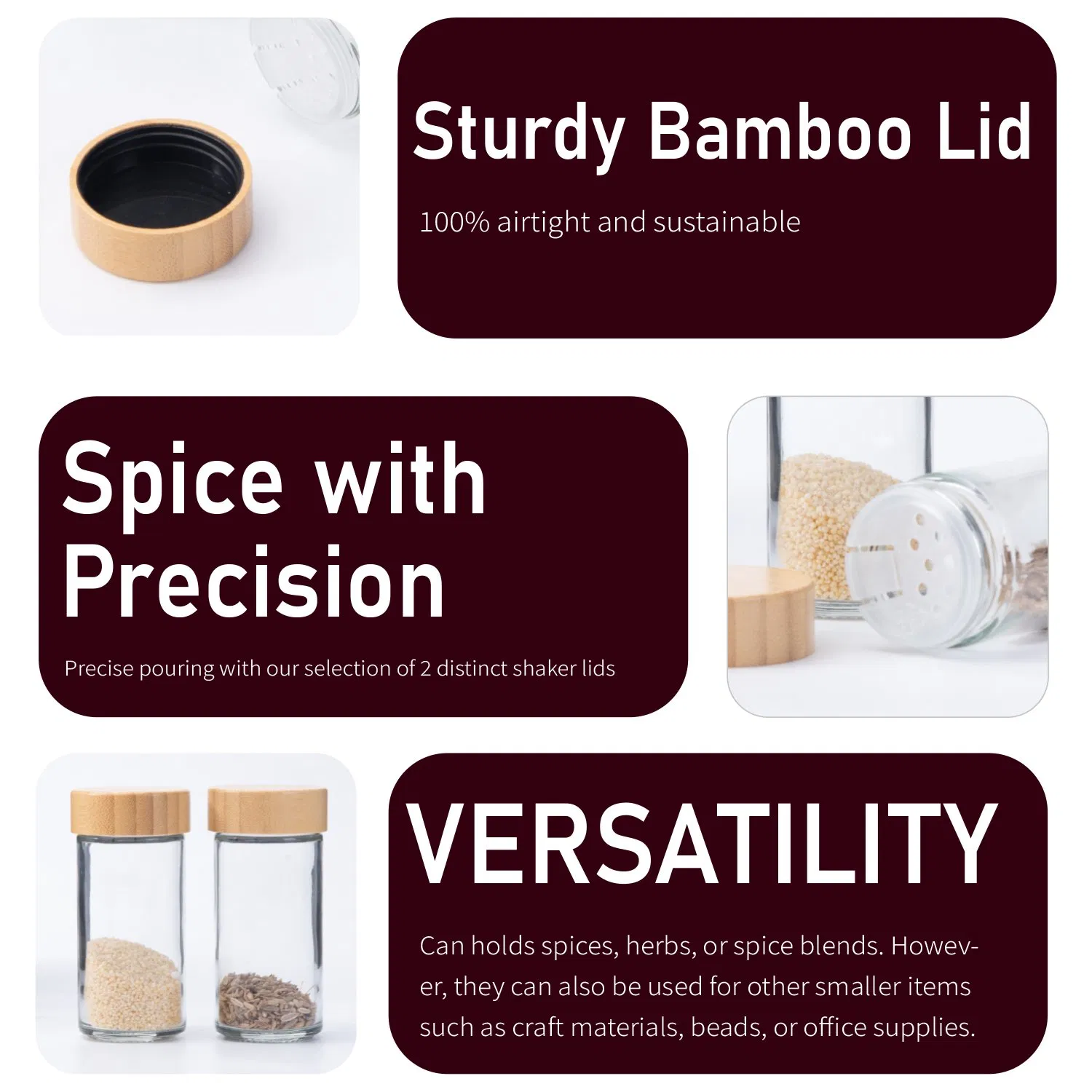 Natural Bamboo Lid Square Spice Jars Set - Eco-Friendly Glass Condiment Containers for Pantry Organization