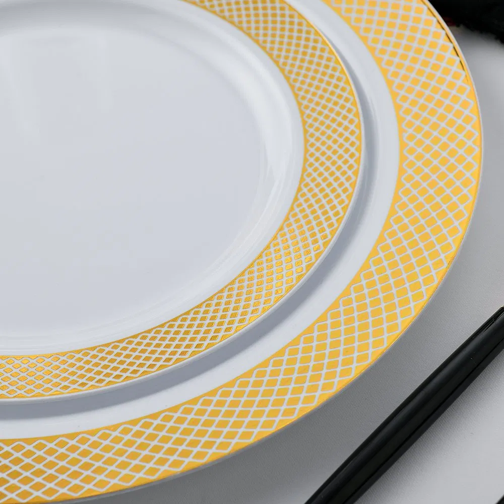 175PCS Elegant 7.5 Inch 10.25" White Plastic Plate with Gold Hollow Rim PS Charger Plates for Camping/Wedding/Party