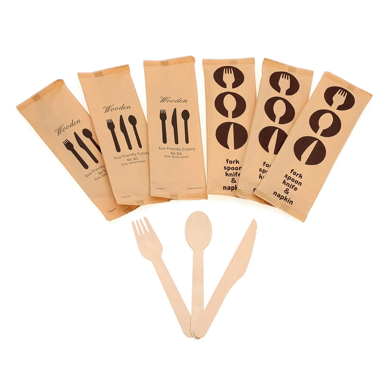 Custom Natural Biodegradable Disposable Wedding Hotel Restaurant Ice Cream Coffee Cake Bamboo Birch Wooden Utensil Knife Fork Spoon Napkin Set Tableware Cutlery