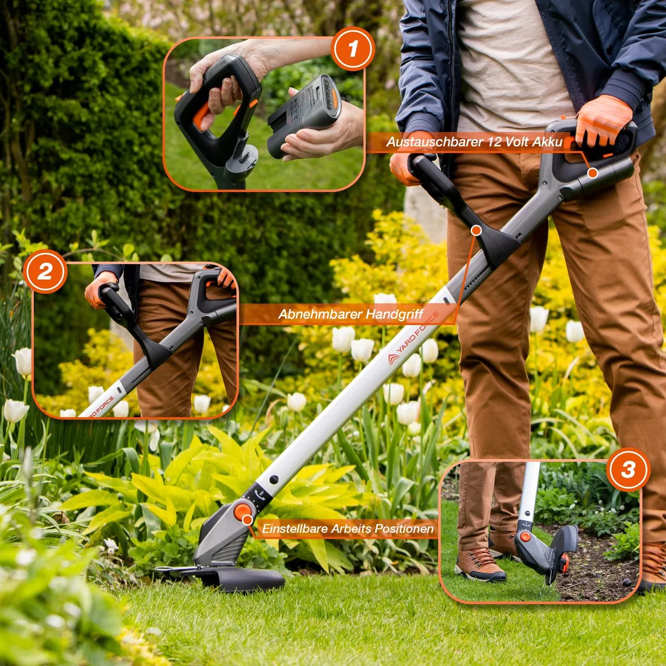 Yard Force 12V Iflex Urban Cordless Grass Trimmer with Lithium-Ion Battery 23cm Cutting Width Multi Rotating Handle - Lt F23