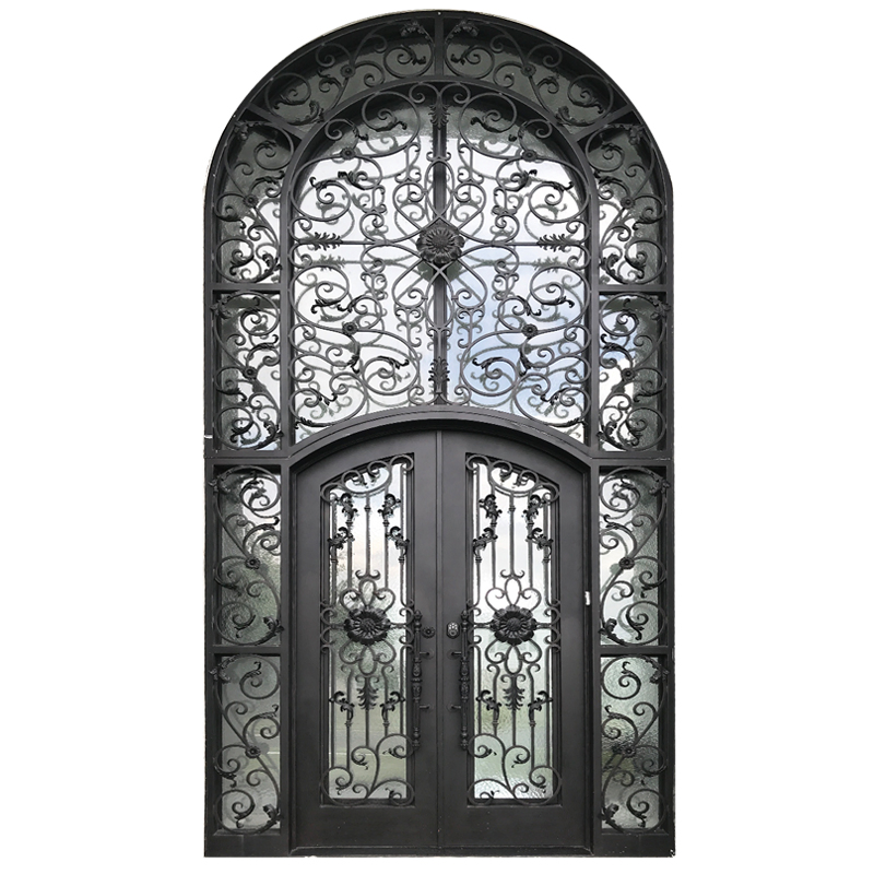 Custom New Design Arch Double Metal Entrance Wrought Iron Door with Transom