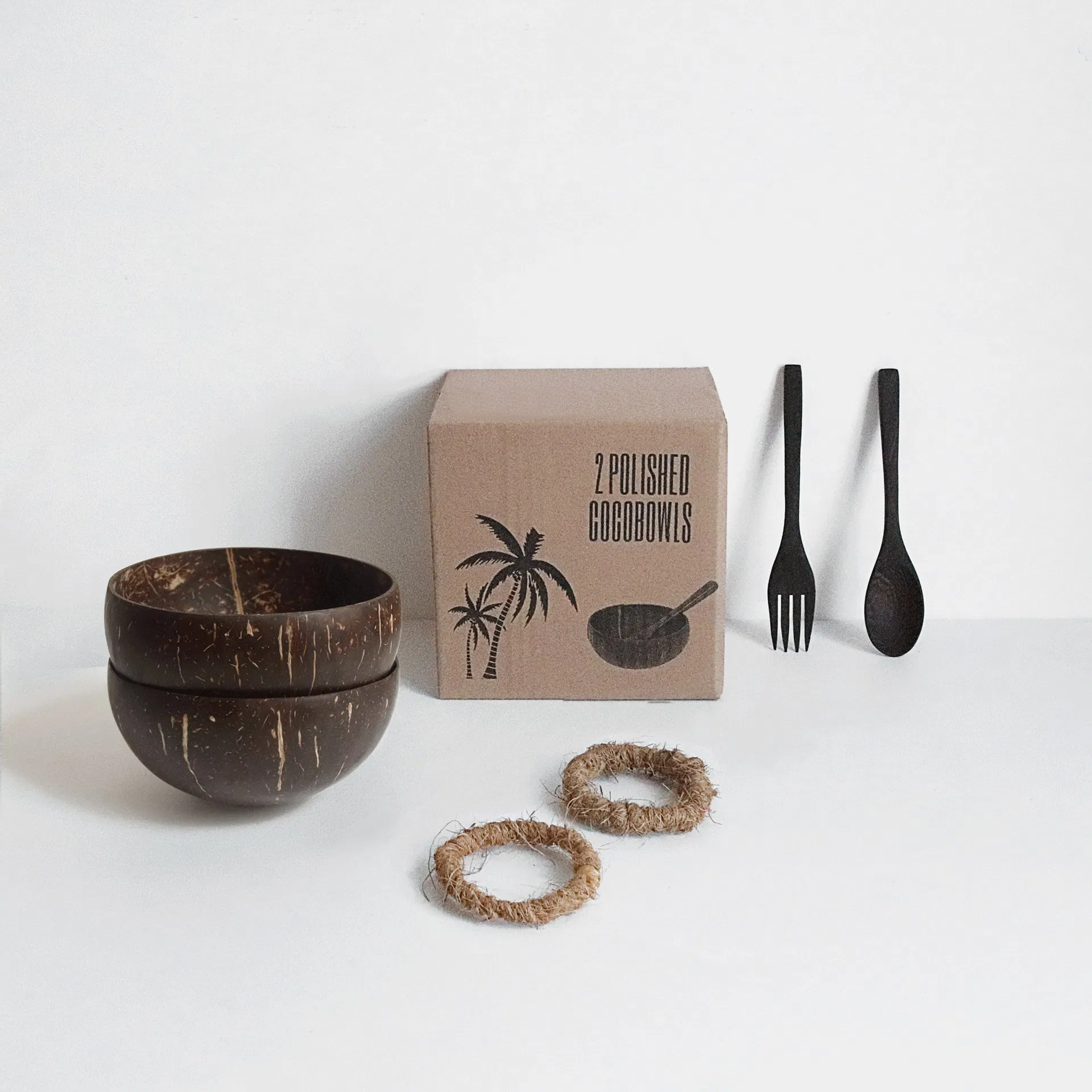 Vietnam Old Coconut Shell Bowl Set Natural Eco-Friendly Coconut Tableware with Spoon Fork and Straw Wholesale OEM
