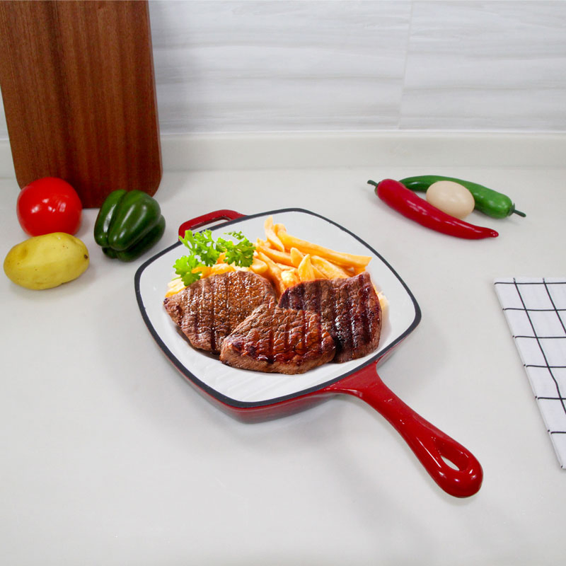 Custom Logo Modern Enamel Cast Iron Grill Pan with Handle Square