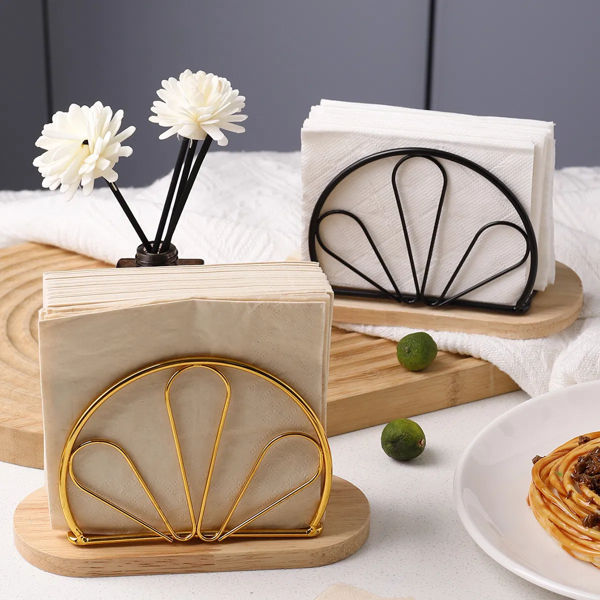 Iron Tissue Holder with Wood Base Metal Gold Napkin Holder Table Supplies