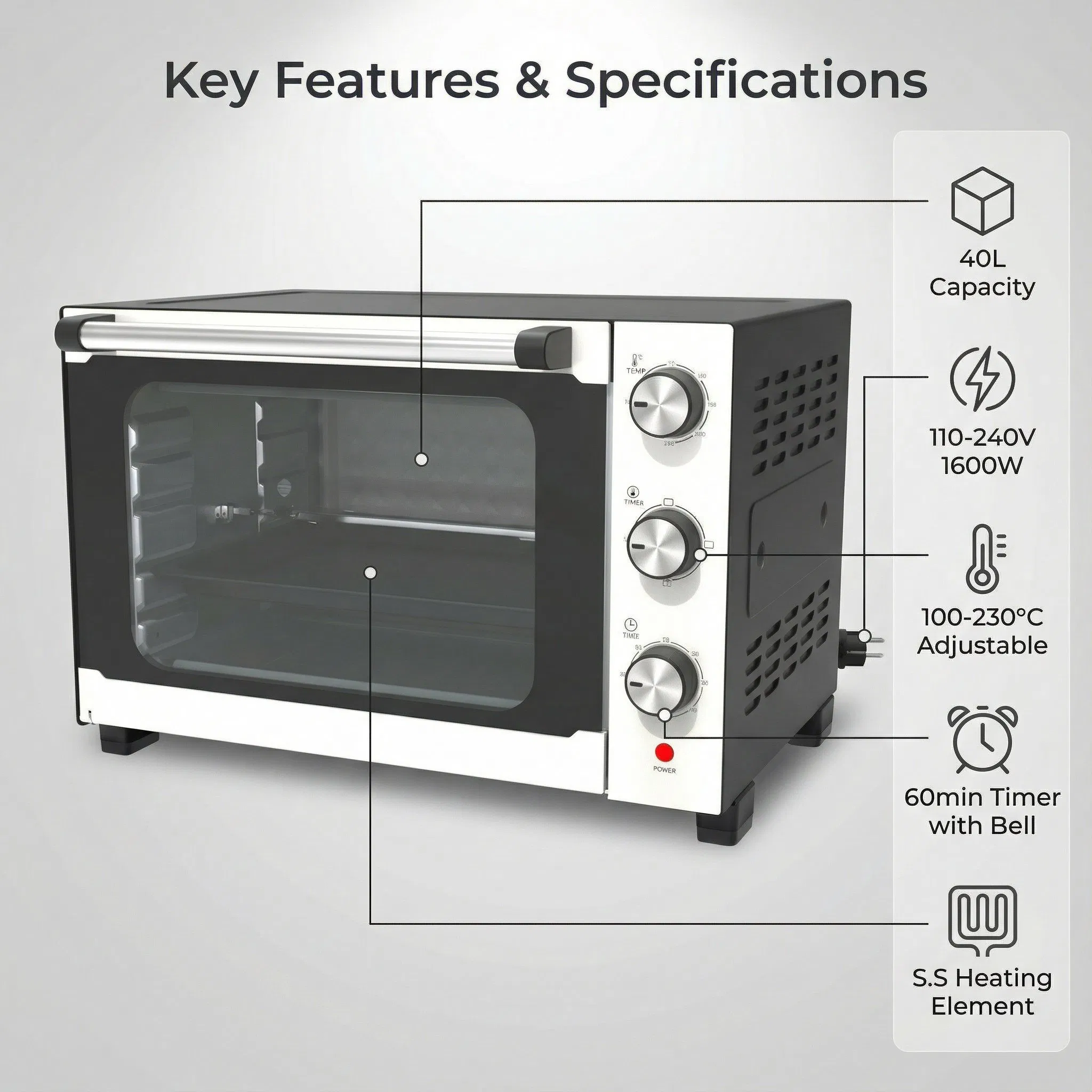 40L Powerful Electric Countertop Oven for Quick Heating Cooking Baking