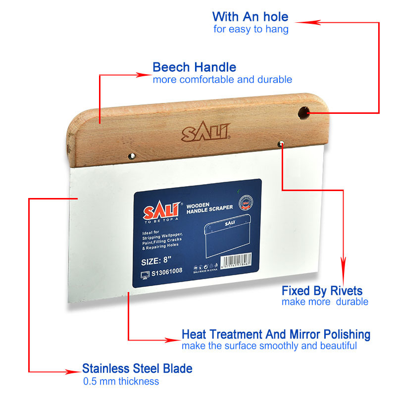 Sali 6'' 0.5mm Stainless Steel Wooden Handle Scraper