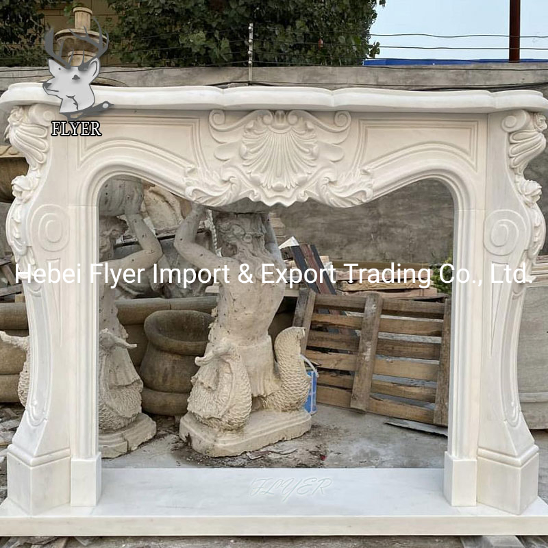 Custom Home Luxury Design Hand Carved Flower and Lion Sculpture Natural Marble Stone Fireplace Mantel