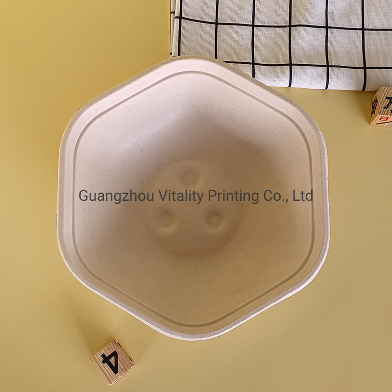 750ml Hexagon Takeaway Food Bowl with Pet Lid Disposable Compostable Eco Friendly Sugarcane Bagasse Pulp Rice Salad Bowls