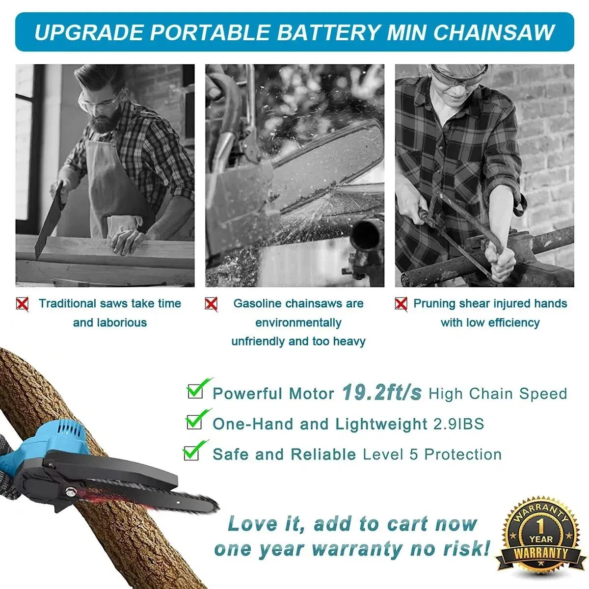 Lightweight Cordless Electric Chainsaw for One-Handed Wood Cutting