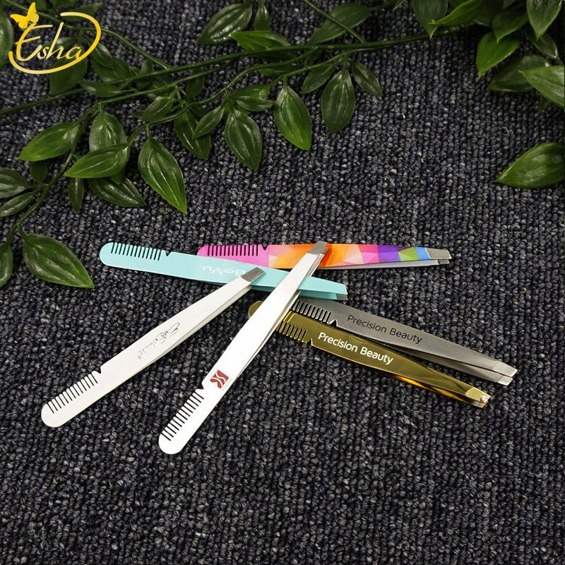 Eyelash Beauty Tool Slant Tip Eyelashes Cosmetic Tweezers with Attached Brow Comb