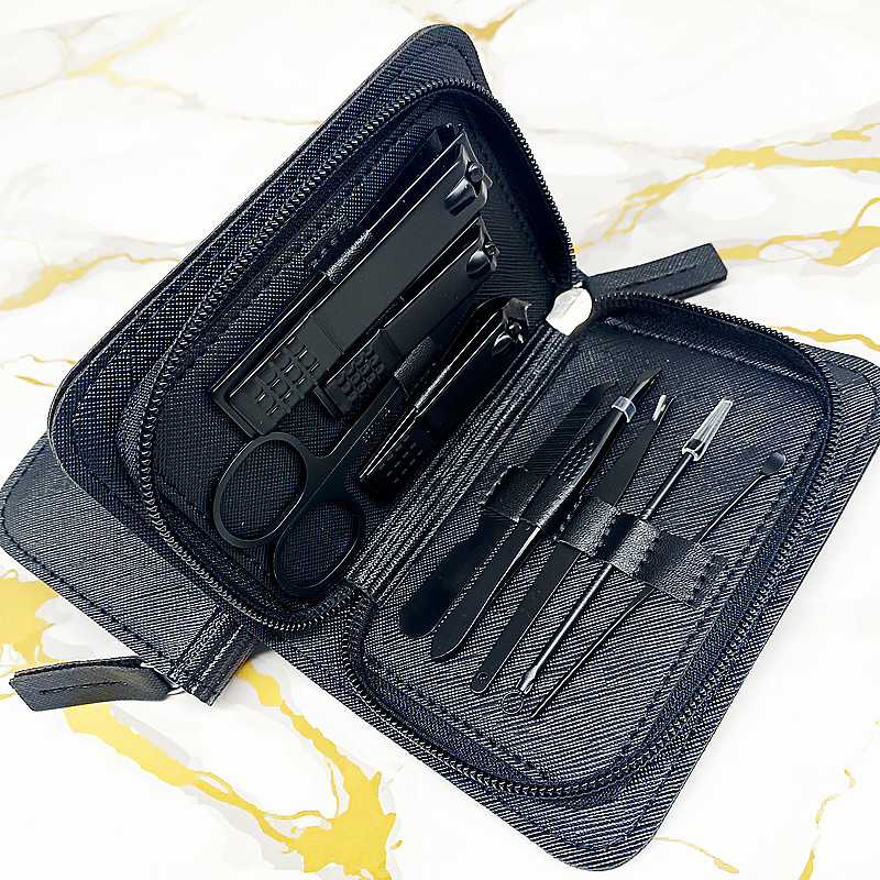 SSS 9-Piece Black Nail Tools Zipper Leather Set Eyebrow Clip