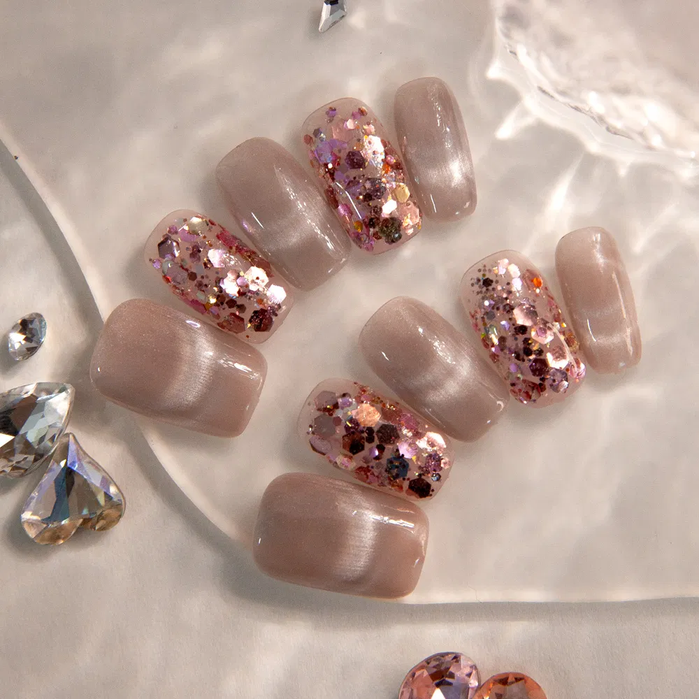 Customizable False Nails with Glitter & Cat Eye Effect - Elegant Press-on Nail Art Designs