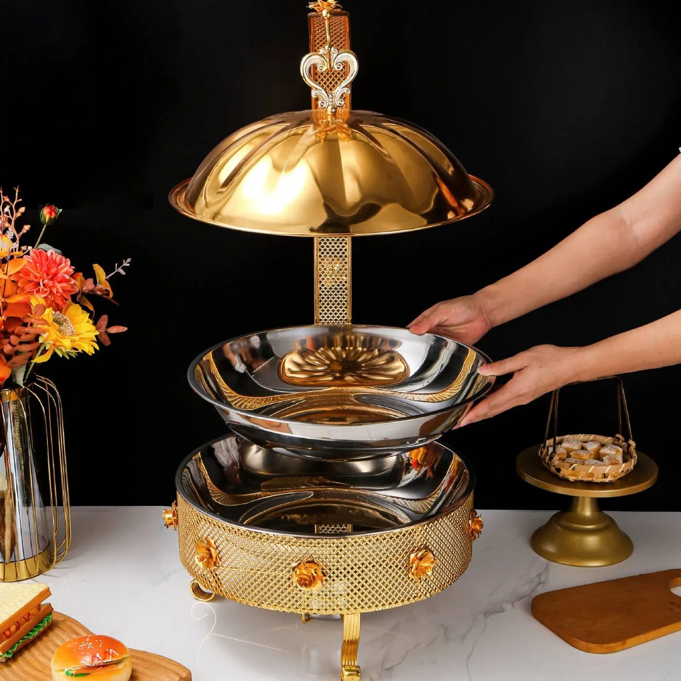 Big Size Stainless Steel Gold Hotel Restaurant Food Large Capacity Hot Pot Catering Buffet