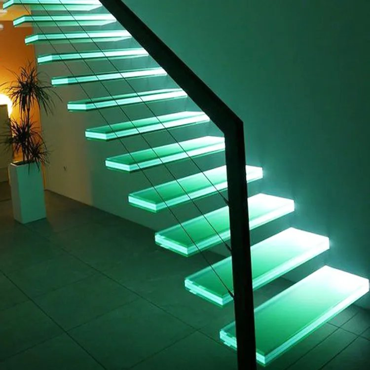 Cbmmart Modern Indoor Metal Glass Mono Stringer Beech/Oak Wood Tread Straight Stair