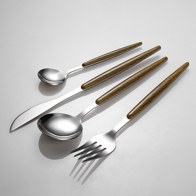 Trendy Western-Style Portuguese Imitation Wood-Handled Minimalist Stainless Steel Cutlery Set, Elegant and Durable
