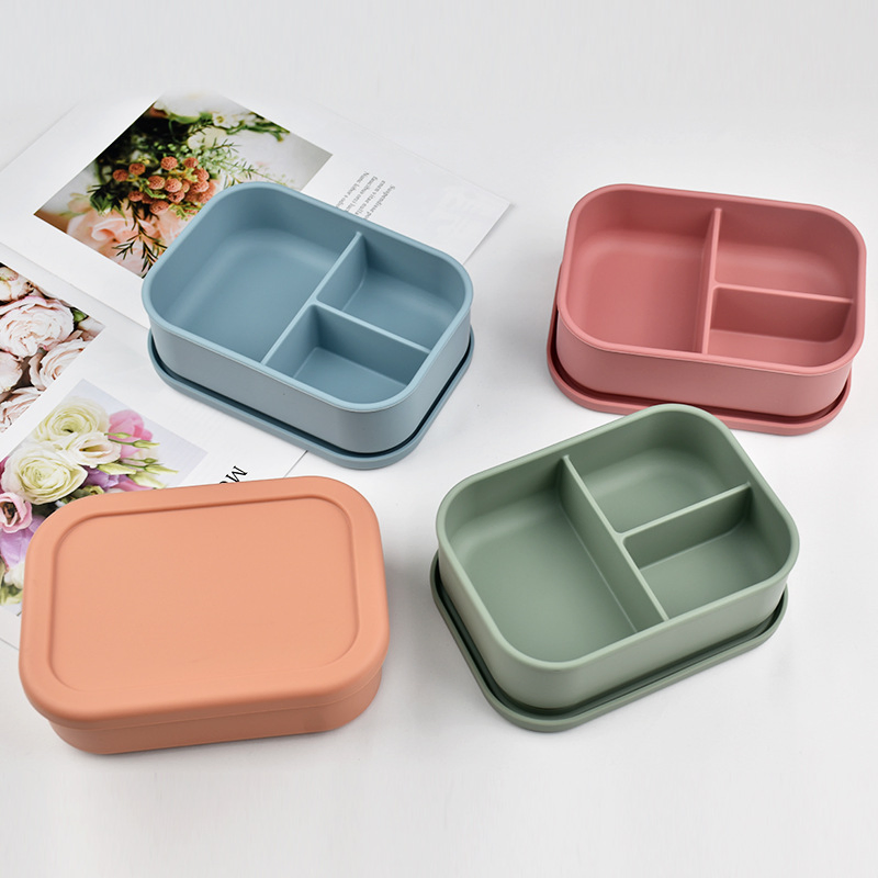 Food-Grade Silicone Lunch Box Microwave Safe 3-Compartment Portable for Students & Office