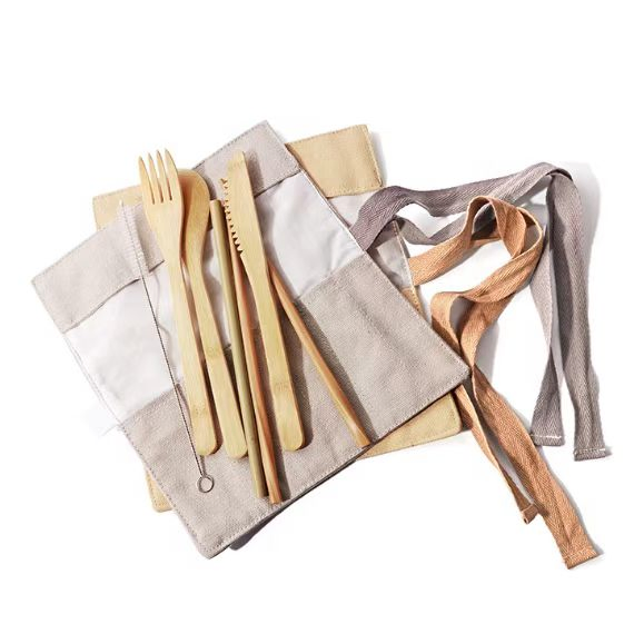 Wholesale Canvas Bag Knife Fork Spoon and Bamboo 6 Tableware Set