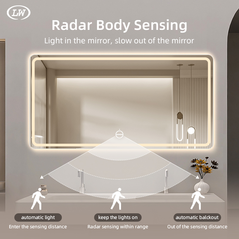 Wall-Mounted Frame-Less Intelligent Touch Sensor Defogged Bathroom Decoration Rectangle LED Mirror with Bluetooth MP3 Player Adjustable Modern Furniture